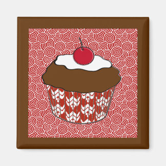 Chocolate Cupcake on Red and White Pattern Magnet