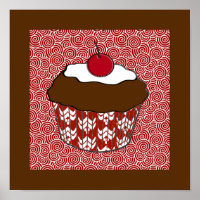 Chocolate Cupcake on Red and White Pattern