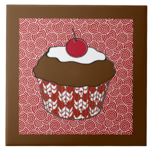 Chocolate Cupcake on Red and White Pattern Tile