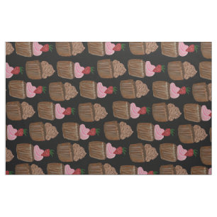 Chocolate Cupcake Strawberry Pattern Black Fabric