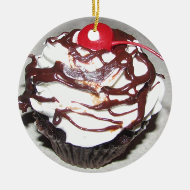 Chocolate Cupcake with Cherry Christmas Ceramic Tree Decoration (Front)