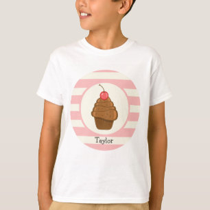Chocolate Cupcake with Cherry & Pink Stripes T-Shirt