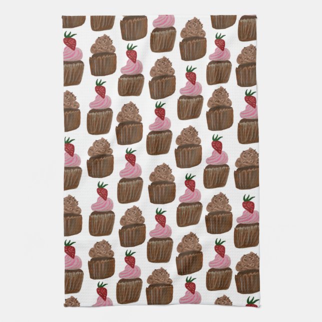 Chocolate Cupcakes Watercolor Pattern Tea Towel (Vertical)