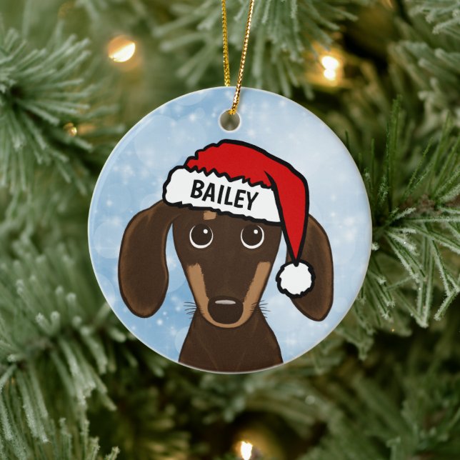 Chocolate Dachshund Santa Wiener Dog Custom Name Ceramic Tree Decoration (Tree)