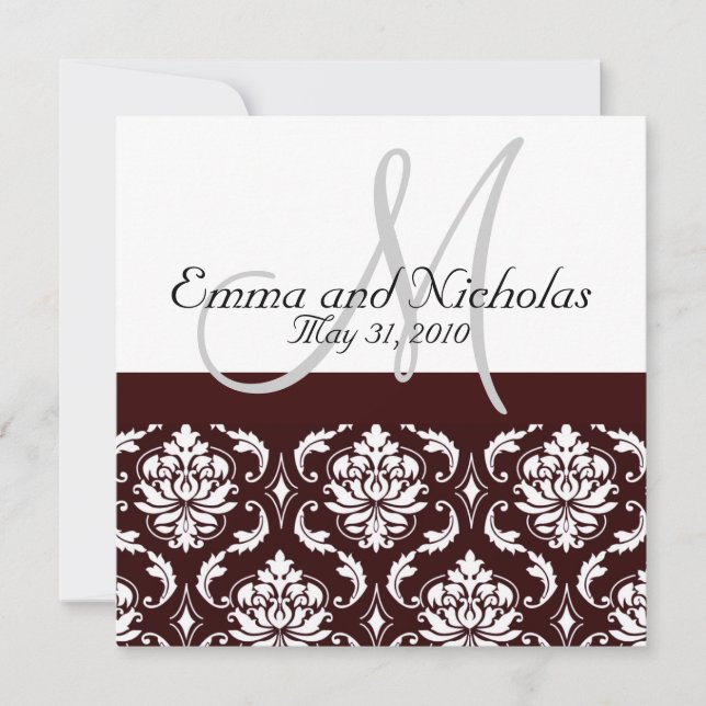 Chocolate Damask Monogram Wedding Invitation (Front)