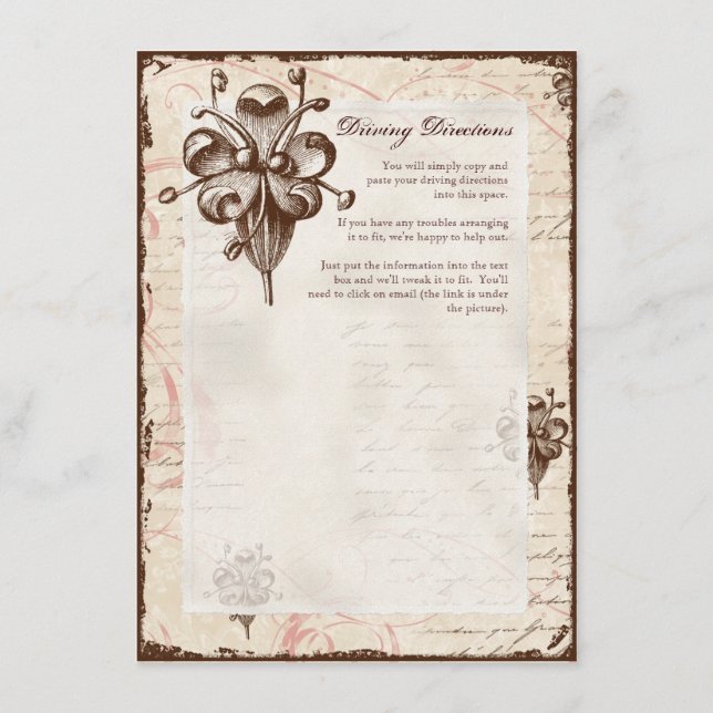 Chocolate Damask Swirl Driving Directions Hotel Enclosure Card (Front)