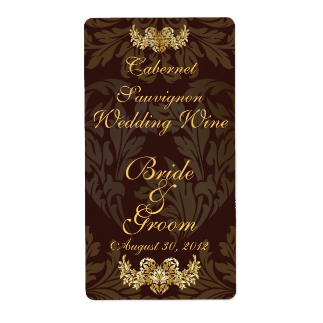 Chocolate Damask  Wedding Wine Label (Front)
