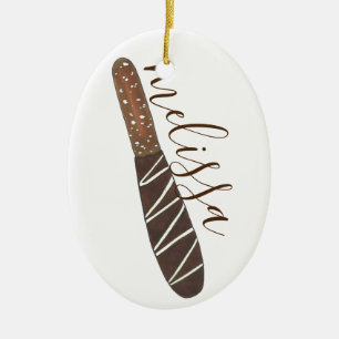 Chocolate Dipped Pretzel Rod Chocolatier Bakery Ceramic Tree Decoration