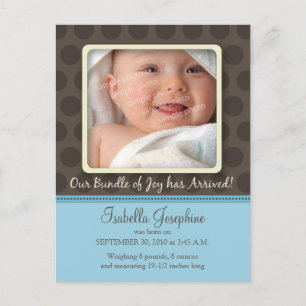 Chocolate Dots Baby Birth Announcement (baby blue) Postcard
