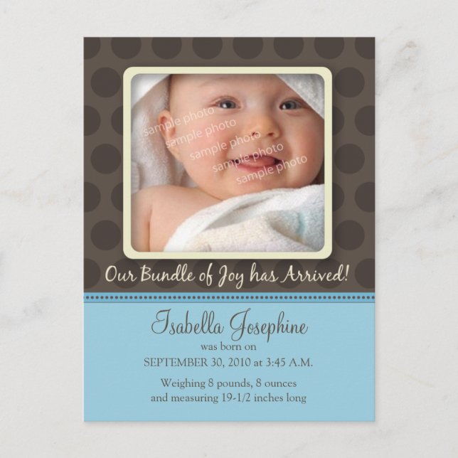 Chocolate Dots Baby Birth Announcement (baby blue) Postcard (Front)