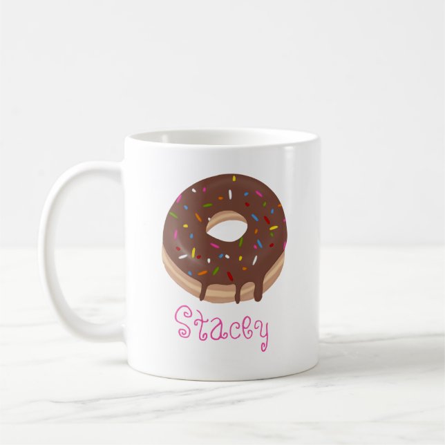 Chocolate Doughnut Custom Pink Name Coffee Mug (Left)