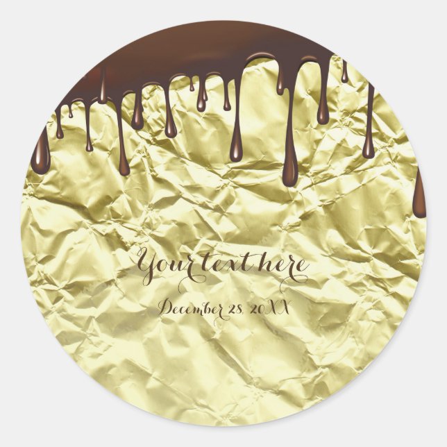 Chocolate Drip Faux Gold Foil Wrapper Party Favour Classic Round Sticker (Front)
