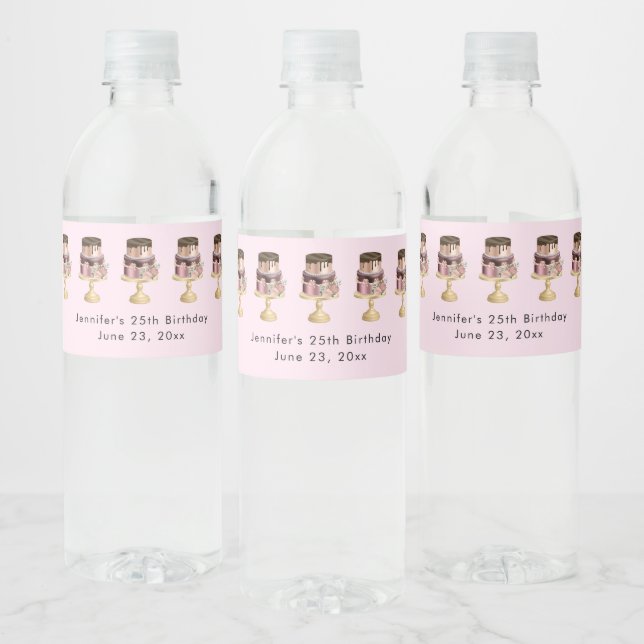 Chocolate Drips and Rose Gold Luxury Cake Birthday Water Bottle Label (Bottles)
