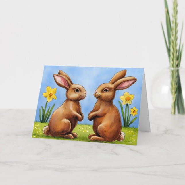 Chocolate Easter Bunnies In Daffodils Holiday Card (Front)