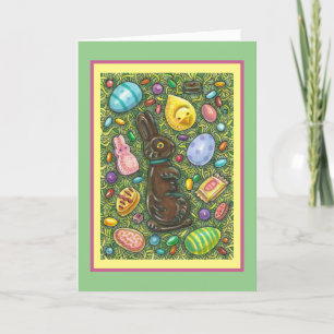 CHOCOLATE EASTER BUNNY, CHICK, EGGS, JELLY BEANS HOLIDAY CARD