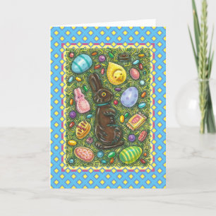 CHOCOLATE EASTER BUNNY, CHICK, EGGS, JELLY BEANS HOLIDAY CARD