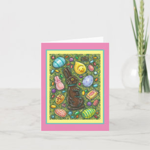 CHOCOLATE EASTER BUNNY, CHICK, EGGS, JELLY BEANS HOLIDAY CARD