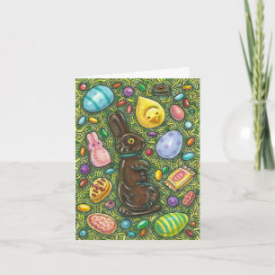 CHOCOLATE EASTER BUNNY, CHICK, EGGS, JELLY BEANS HOLIDAY CARD