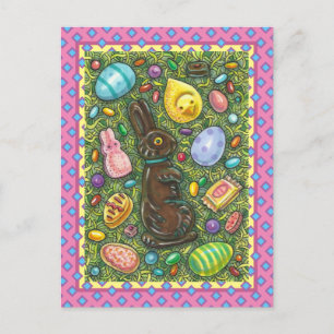 CHOCOLATE EASTER BUNNY, CHICK, EGGS, JELLY BEANS HOLIDAY POSTCARD