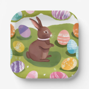 Chocolate Easter Bunny   Cute Spring Pastel Eggs Paper Plate