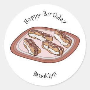 Chocolate eclair cartoon illustration  classic round sticker