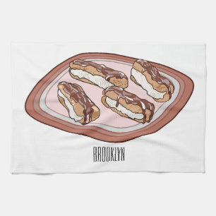 Chocolate eclair cartoon illustration  tea towel