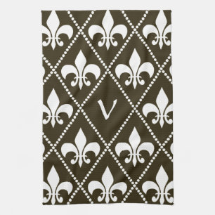 Chocolate Fleur de Lis with monogram initial Tea Towel