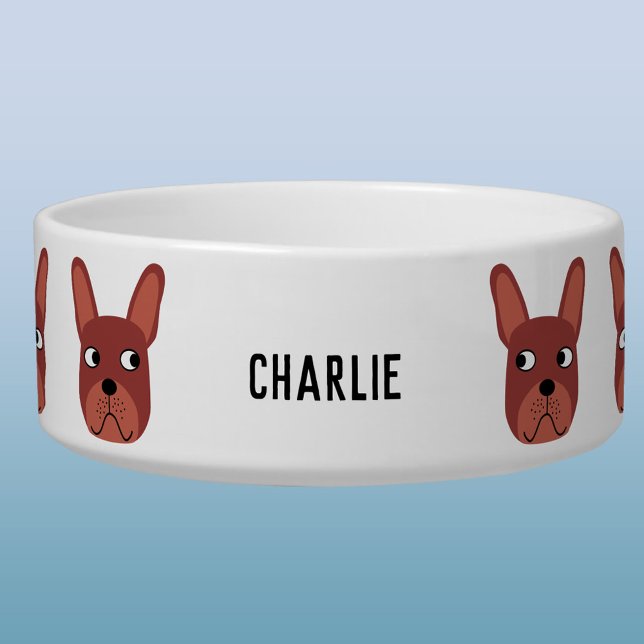Chocolate French Bulldog Name Bowl (Fun personalized name French Bulldog pet food or water bowl)