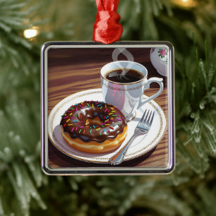Chocolate Frosted Doughnut and Coffee Christmas Metal Tree Decoration