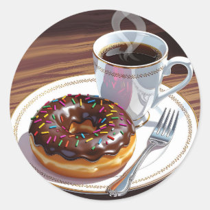 Chocolate Frosted Doughnut and Coffee  Classic Round Sticker