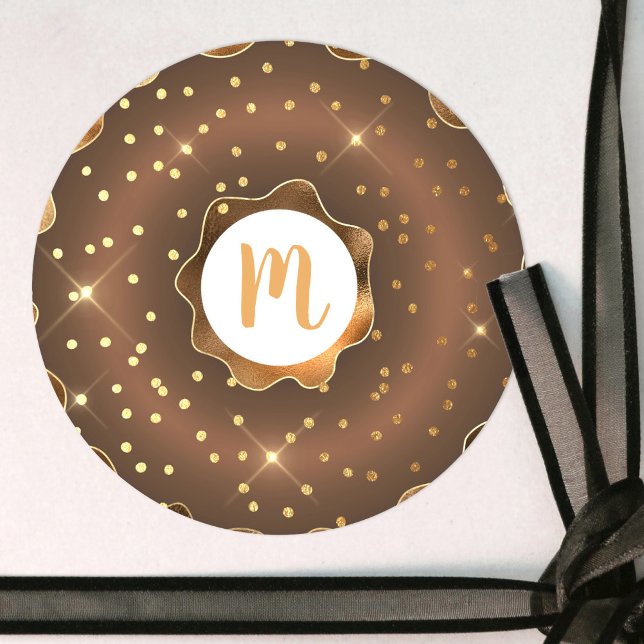Chocolate gold glitter doughnut monogram glam bold classic round sticker (Creator Uploaded)