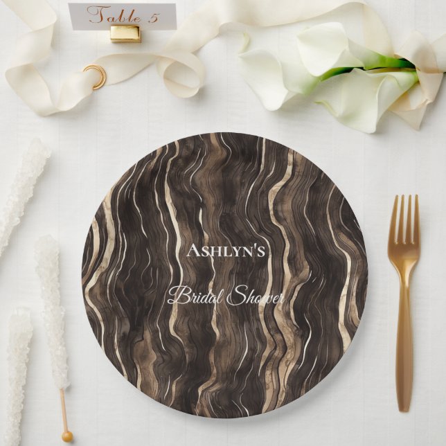 Chocolate Gold Swirls Floral Bridal Shower Paper Plate (Wedding)