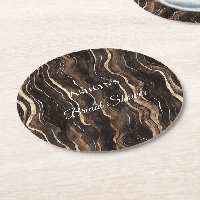 Chocolate Gold Swirls Floral Bridal Shower Round Paper Coaster (Angled)
