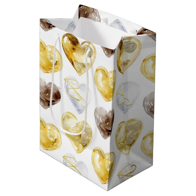 Chocolate Gold White Hearts Birthday Medium Gift Bag (Front Angled)