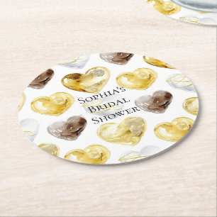 Chocolate Gold White Hearts Bridal Shower Round Paper Coaster