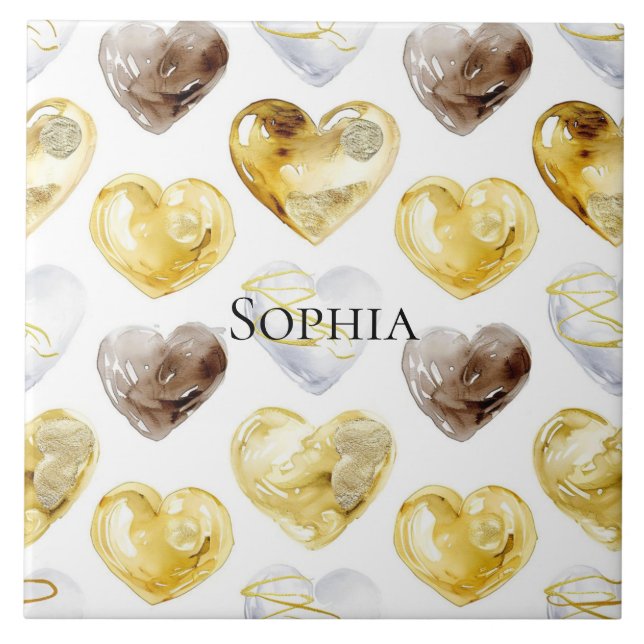 Chocolate Gold White Hearts   Tile (Front)