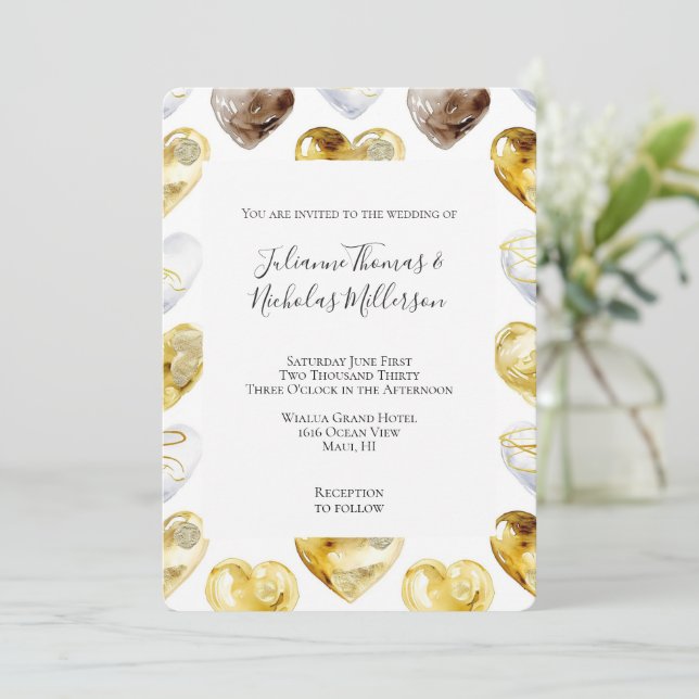 Chocolate Gold White Hearts Wedding Invitation (Standing Front)