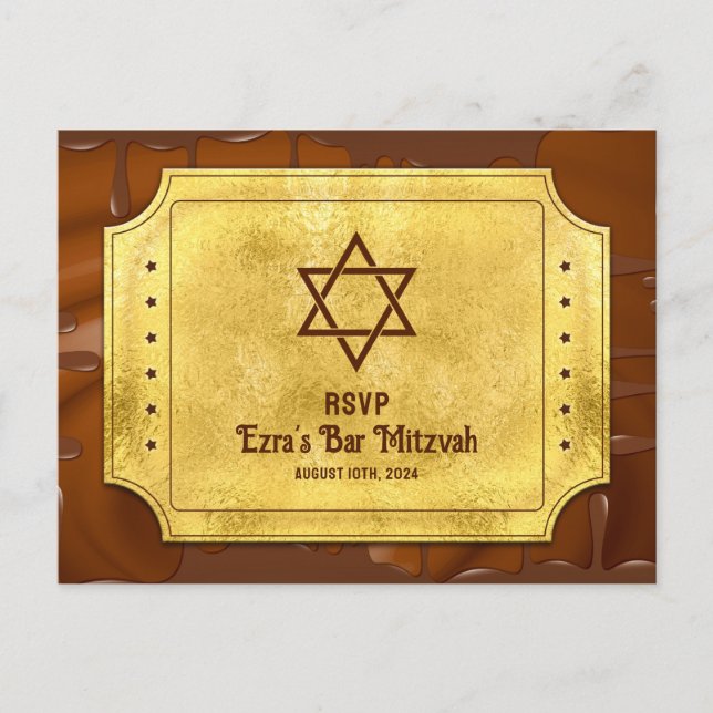 Chocolate Golden Ticket Bat Bar Mitzvah RSVP Postcard (Front)