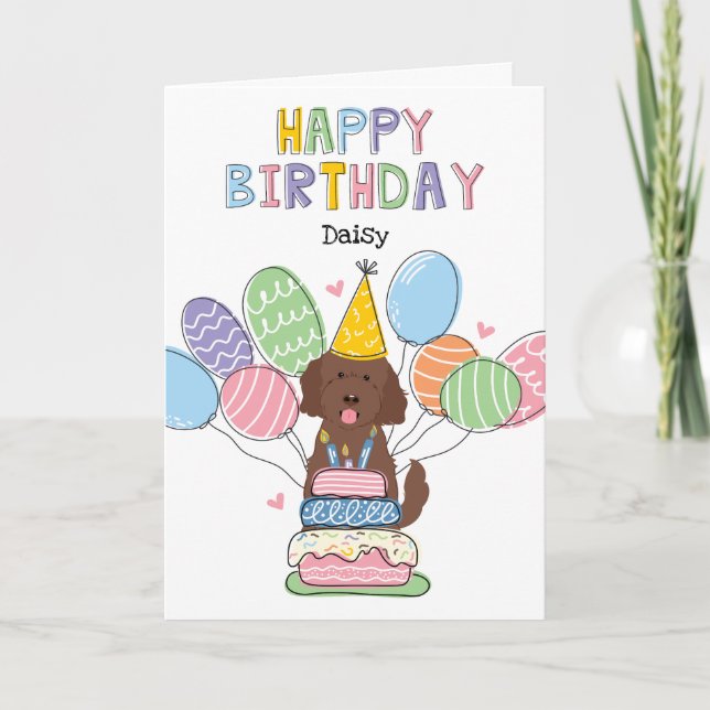 Chocolate Goldendoodle Dog Happy Birthday Card (Front)