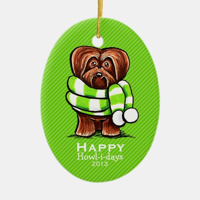 Chocolate Havanese Scarf Christmas Stripe Custom Ceramic Tree Decoration (Front)