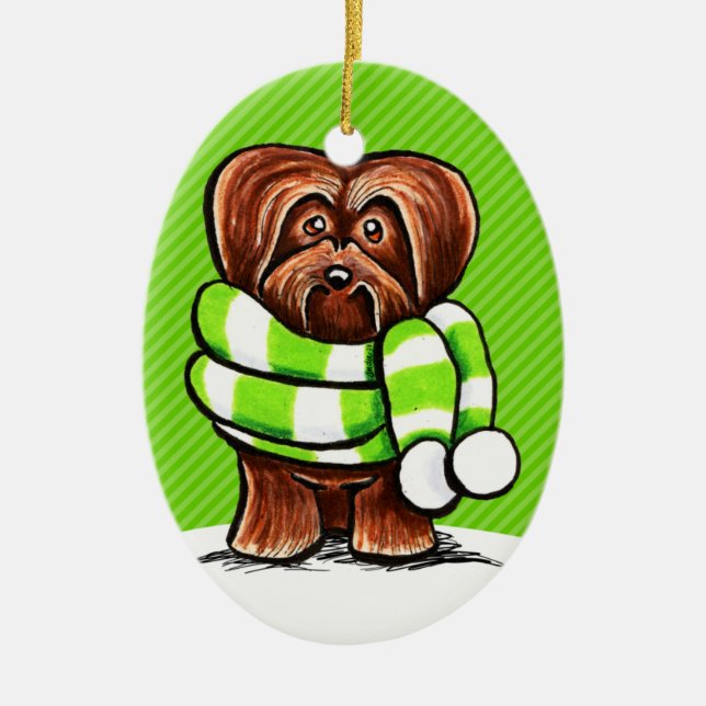 Chocolate Havanese Winter Scarf Ceramic Tree Decoration (Front)