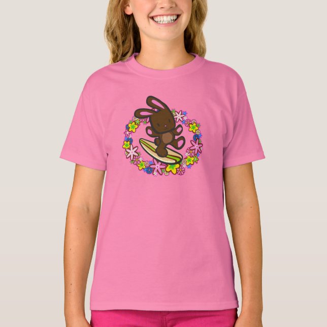 Chocolate Hawaiian Surfing Bunny Cartoon Pink T-Shirt (Front)