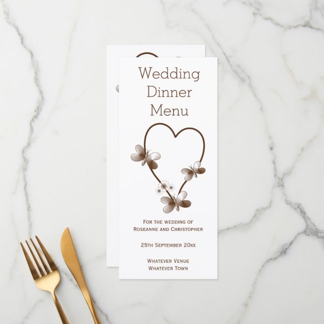 Chocolate Heart And Butterflies Wedding Dinner Menu (Front/Back In Situ)