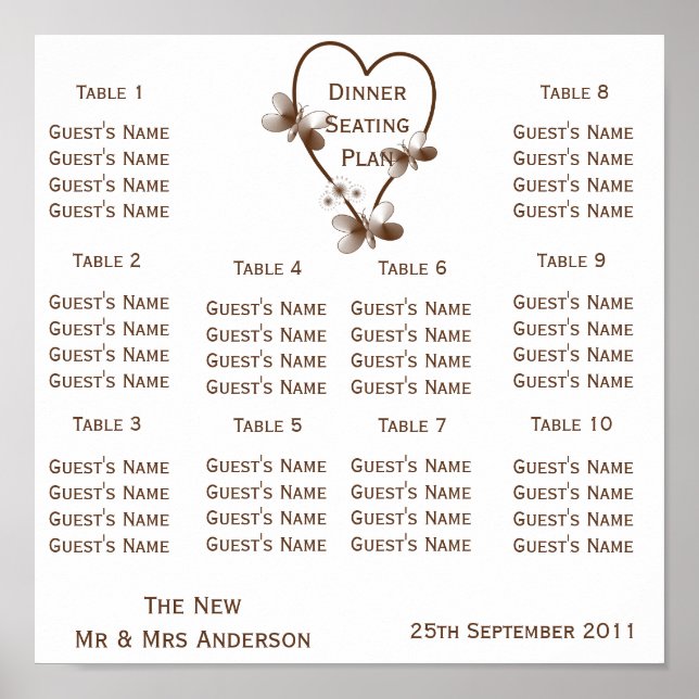 Chocolate Heart And Butterflies Wedding Seating Poster (Front)