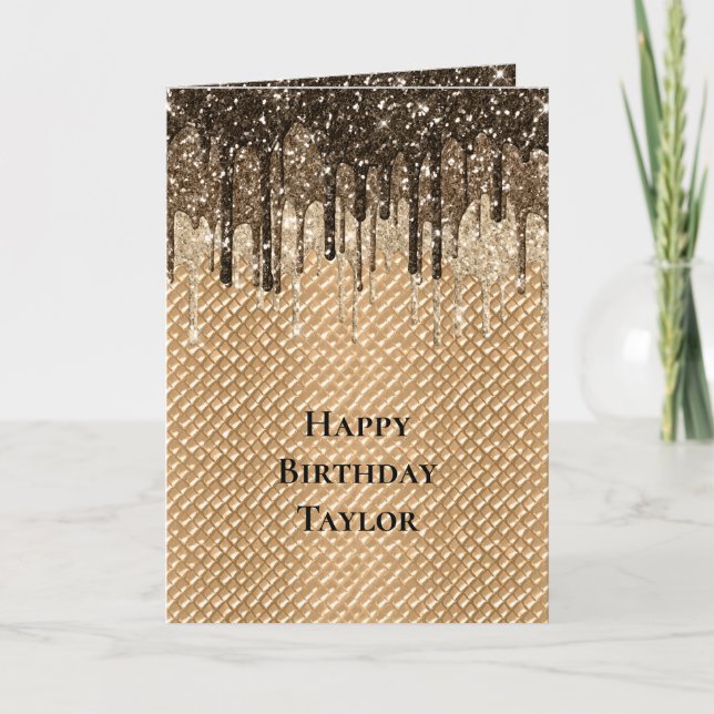 Chocolate Ice Cream Cone Glitter Drips Birthday Card (Front)