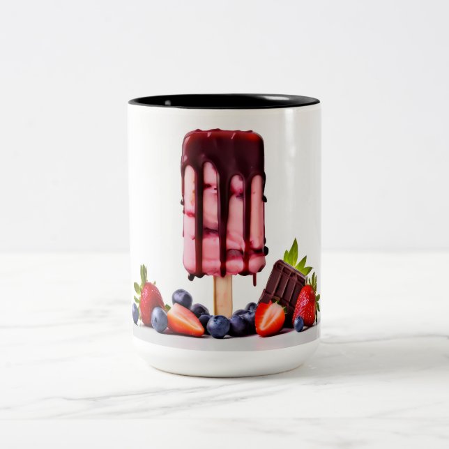 chocolate ice cream with berries Two-Tone coffee mug (Center)