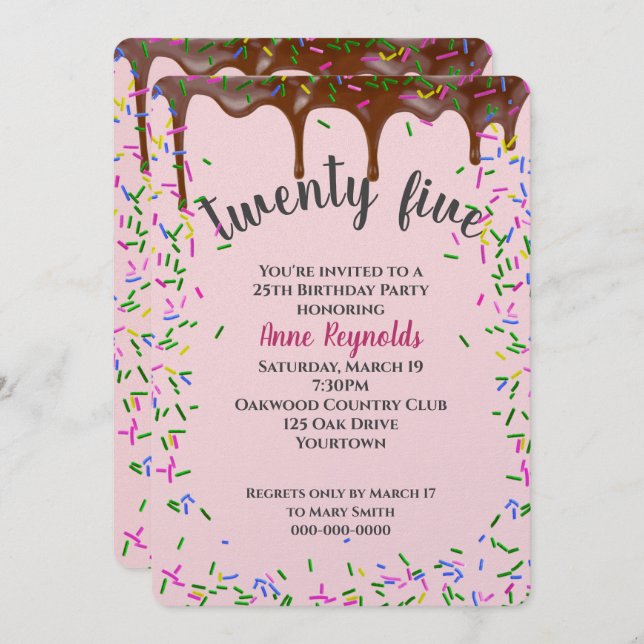 Chocolate Icing With Sprinkles for 25th Birthday Invitation (Front/Back)