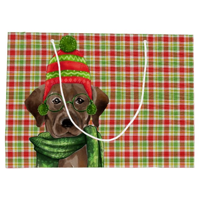Chocolate Lab and Red with Green Plaid Christmas Large Gift Bag (Back)