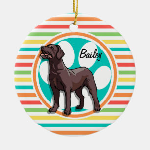 Chocolate Lab; Bright Rainbow Stripes Ceramic Tree Decoration