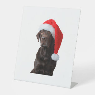Chocolate Lab Dog Portrait Santa Hat Cute Christma Pedestal Sign
